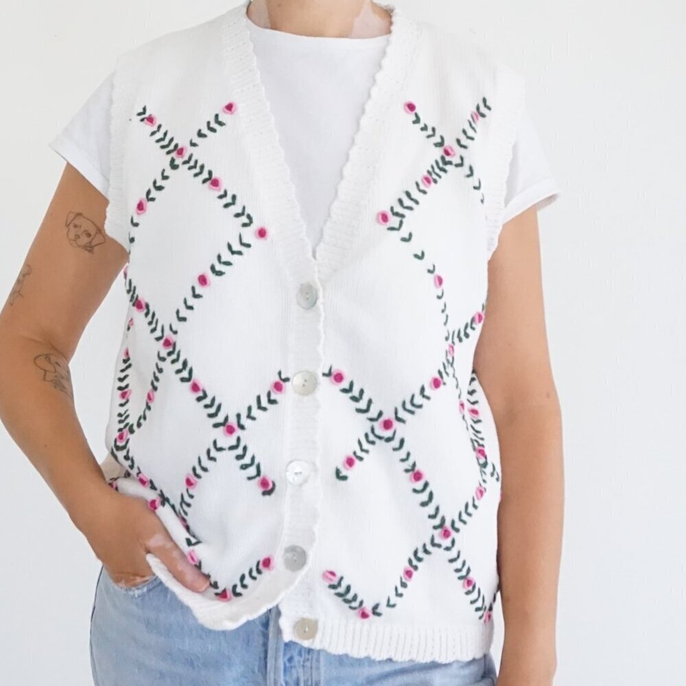 Vintage EP Pro Ivory Embroidered Floral Diamond Vine Cotton Knit Cardigan L